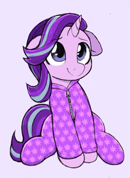 Size: 440x600 | Tagged: safe, artist:moozua, derpibooru exclusive, starlight glimmer, pony, unicorn, g4, clothes, cute, daaaaaaaaaaaw, eyebrows, eyebrows visible through hair, female, floppy ears, footed sleeper, footie pajamas, glimmerbetes, mare, moozua is trying to murder us, onesie, pajamas, simple background, sitting, smiling, solo, sweet dreams fuel, weapons-grade cute, white background