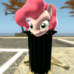 Size: 720x720 | Tagged: safe, artist:fishimira, pinkie pie, g4, 3d, animated, chewing, eating, female, gif, looking at you, source filmmaker, trash, trash can
