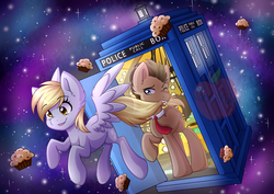 Size: 1024x724 | Tagged: safe, artist:nana-yuka, derpy hooves, doctor whooves, time turner, earth pony, pegasus, pony, g4, doctor who, duo, female, food, mare, muffin, space, tardis, tardis console room, tardis control room, the doctor