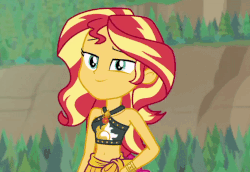Size: 1047x720 | Tagged: safe, screencap, pinkie pie, sunset shimmer, equestria girls, g4, my little pony equestria girls: better together, unsolved selfie mysteries, animated, belly button, cute, diapinkes, duo, female, geode of empathy, geode of sugar bombs, gif, grin, nose in the air, shimmerbetes, smiling, volumetric mouth