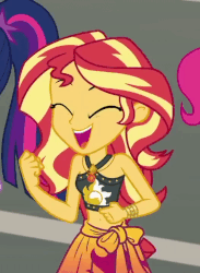 Size: 526x720 | Tagged: safe, screencap, pinkie pie, sunset shimmer, equestria girls, equestria girls series, g4, x marks the spot, animated, belly, belly button, bikini, clothes, cropped, cute, female, geode of empathy, gif, midriff, sarong, shimmerbetes, solo focus, swimsuit, yes yes yes