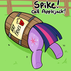 Size: 1650x1650 | Tagged: safe, artist:tjpones edits, edit, twilight sparkle, pony, g4, barrel, dialogue, female, food, french fries, hay fries, implied spike, mare, offscreen character, stuck, sweet apple acres