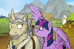 Size: 1280x853 | Tagged: safe, artist:rutkotka, gilda, twilight sparkle, alicorn, griffon, pony, unicorn, g4, crossover, curved horn, female, funny, geralt of rivia, horn, male, mare, nervous smile, ponified, ponytail, scar, scared, stallion, the witcher, the witcher 3, twilight sparkle (alicorn), witcher, witcher wild hunt