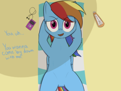 Size: 2000x1500 | Tagged: safe, artist:php99, derpibooru exclusive, rainbow dash, pegasus, pony, g4, beach, chest fluff, dialogue, female, folded wings, looking at you, mp3 player, on back, solo