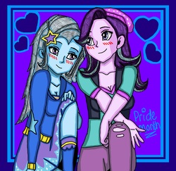 Size: 6900x6719 | Tagged: safe, artist:takrontoxicity, starlight glimmer, trixie, equestria girls, g4, absurd resolution, beanie, clothes, female, hat, heart, lesbian, pants, pride, pride month, ship:startrix, shipping, vest