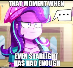 Size: 531x500 | Tagged: safe, artist:the-butch-x, derpibooru exclusive, edit, starlight glimmer, equestria girls, g4, marks for effort, ..., :i, beanie, caption, chocolate, empathy cocoa, female, food, hat, hot chocolate, i mean i see, image macro, meme, solo, starlight glimmer is not amused, unamused
