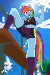 Size: 2400x3600 | Tagged: safe, artist:ponyecho, rainbow dash, anthro, g4, belly button, bench, clothes, female, high res, looking at you, low angle, midriff, open mouth, perspective, shadowbolt dash, shadowbolts, shoes, solo, sports, sports bra, sports shorts, tree, uniform