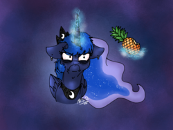 Size: 2048x1536 | Tagged: safe, artist:melonseed11, princess luna, pony, a royal problem, g4, bags under eyes, bloodshot eyes, bust, ear piercing, earring, exhausted, female, food, frown, grumpy, jewelry, magic, piercing, pineapple, portrait, scowl, solo