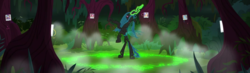 Size: 1367x398 | Tagged: safe, screencap, queen chrysalis, changeling, changeling queen, g4, the mean 6, cropped, everfree forest, female, glowing horn, horn, magic, magic circle, rearing, runes, solo