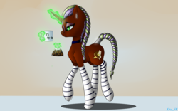Size: 3200x2000 | Tagged: safe, artist:kirasunnight, oc, oc only, pony, unicorn, clothes, cookie, cup, cutie mark, ear piercing, earring, female, food, glowing horn, high res, horn, jewelry, magic, mare, piercing, side view, socks, solo, striped socks, tail wrap, telekinesis