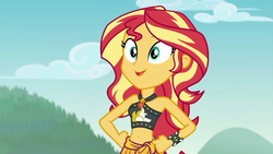 Size: 1280x720 | Tagged: safe, edit, edited screencap, editor:sonic ranger, screencap, sunset shimmer, equestria girls, equestria girls series, g4, unsolved selfie mysteries, belly button, ben 10, bikini, clothes, crossover, female, geode of empathy, geode of fauna, geode of shielding, geode of sugar bombs, geode of super speed, geode of super strength, geode of telekinesis, magical geodes, midriff, omnitrix, sarong, solo, stomach, swimsuit