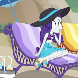 Size: 517x517 | Tagged: safe, screencap, rarity, aww... baby turtles, equestria girls, equestria girls series, g4, beach, chair, clothes, cropped, female, sandals, sarong, solo, sunscreen, swimsuit