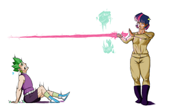 Size: 1000x650 | Tagged: safe, artist:valo-son, spike, twilight sparkle, human, g4, humanized, looking up, magic, magic weapon, short hair, spiky hair, sword, weapon