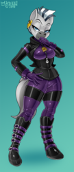 Size: 466x1080 | Tagged: safe, artist:imadeej, oc, oc only, oc:sesenyi, zebra, anthro, unguligrade anthro, anthro oc, breasts, clothes, coat, ear piercing, female, fetish, gloves, glowing eyes, latex, latex boots, latex fetish, latex gloves, looking at you, medallion, piercing, punk, simple background, solo, tight clothing