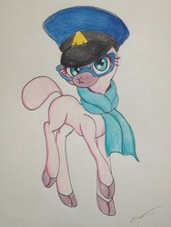 Size: 1024x1365 | Tagged: safe, artist:luxiwind, pom (tfh), them's fightin' herds, clothes, community related, female, police hat, scarf, solo, traditional art