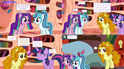 Size: 2564x1444 | Tagged: safe, artist:hakunohamikage, adagio dazzle, aria blaze, sonata dusk, twilight sparkle, alicorn, pony, ask-princesssparkle, g4, ask, comic, golden oaks library, ponified, runes, the dazzlings, tumblr, twilight sparkle (alicorn)