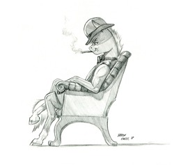 Size: 1100x1042 | Tagged: safe, artist:baron engel, oc, oc only, oc:heartbreaker, anthro, unguligrade anthro, bench, cigarette, clothes, grayscale, hat, monochrome, pencil drawing, simple background, sitting, smoking, solo, story in the source, traditional art, white background