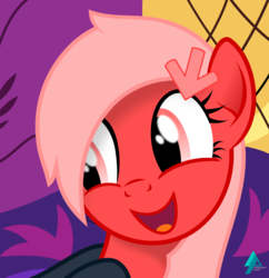 Size: 1855x1914 | Tagged: safe, artist:arifproject, oc, oc only, oc:downvote, earth pony, pony, derpibooru, g4, bust, clothes, cute, derpibooru ponified, hair over one eye, hoodie, meta, ponified, simple background, smiling, solo, vector