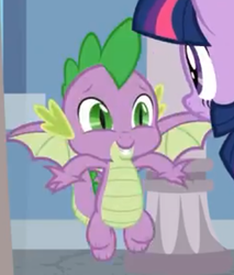 Size: 359x421 | Tagged: safe, screencap, spike, twilight sparkle, dragon, pony, g4, marks for effort, cropped, female, flying, male, mare, smiling, twilight sparkle (alicorn), winged spike, wings