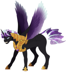 Size: 1181x1275 | Tagged: safe, artist:bijutsuyoukai, oc, oc only, alicorn, pony, armor, colored wings, male, multicolored wings, offspring, parent:nightmare rarity, parent:thunderlane, simple background, solo, transparent background