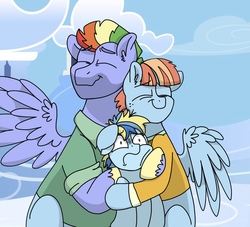 Size: 1476x1339 | Tagged: safe, artist:pastel-charms, bow hothoof, windy whistles, oc, oc:champion, pegasus, pony, g4, adorable distress, colt, cute, grandparent and grandchild moment, hug, male, offspring, parent:rainbow dash, parent:soarin', parents:soarindash, story included