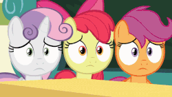 Size: 600x338 | Tagged: safe, screencap, apple bloom, scootaloo, sweetie belle, pony, unicorn, g4, marks for effort, animated, cutie mark crusaders, dramatic lighting, female, filly, loop, low frequency flashing, shadow