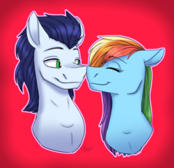 Size: 4708x4530 | Tagged: safe, artist:ggchristian, rainbow dash, soarin', pony, g4, absurd resolution, bust, duo, female, male, mare, nuzzling, portrait, red background, ship:soarindash, shipping, simple background, stallion, straight