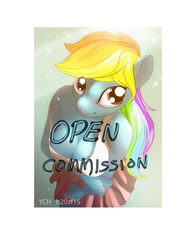 Size: 1536x2048 | Tagged: safe, artist:20zf15, artist:b20zf15, rainbow dash, pegasus, anthro, g4, advertisement, auction, auction open, bid, breast squish, breasts, cleavage, commission, female, looking up, open commission, solo, your character here