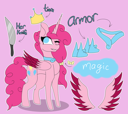 Size: 1024x914 | Tagged: safe, artist:tomboygirl45, pinkie pie, alicorn, pony, g4, alicornified, jewelry, knife, one eye closed, pinkiecorn, race swap, reference sheet, regalia, royalty, two toned wings, wink, xk-class end-of-the-world scenario