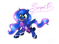 Size: 4000x3000 | Tagged: safe, artist:saralien, princess luna, alicorn, pony, g4, bread, clothes, cute, female, food, heart eyes, lunabetes, mare, school uniform, simple background, solo, toast, weapons-grade cute, white background, wingding eyes