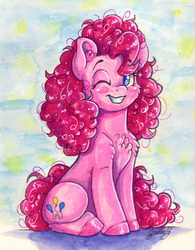 Size: 1388x1778 | Tagged: safe, artist:gaelledragons, pinkie pie, earth pony, pony, g4, abstract background, chest fluff, cute, diapinkes, female, grin, mare, one eye closed, sitting, smiling, solo, traditional art, watercolor painting