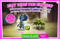 Size: 795x528 | Tagged: safe, gameloft, louise, frilled lizard, anthro, g4, my little pony: the movie, ac/dc, advertisement, alliteration, dirty deeds done dirt cheap, introduction card, klugetown, klugetowner, palm tree, solo, song reference, tree