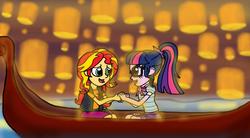 Size: 2560x1408 | Tagged: safe, artist:digikate813, sci-twi, sunset shimmer, twilight sparkle, equestria girls, equestria girls series, g4, birthday gift, boat, female, gift art, holding hands, i see the light, lantern, lesbian, looking at each other, paper lantern, ship:sci-twishimmer, ship:sunsetsparkle, shipping, tangled (disney)