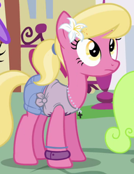 Size: 387x505 | Tagged: safe, edit, edited screencap, editor:/d/non, screencap, lily, lily valley, earth pony, pony, a friend in deed, g4, background pony, bracelet, clothes, clothes edit, cropped, female, flower, flower in hair, jewelry, lily (flower), mare, necklace, shorts, solo focus