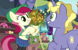 Size: 1334x864 | Tagged: safe, edit, edited screencap, editor:/d/non, screencap, rarity, roseluck, pony, g4, it isn't the mane thing about you, clothes, clothes edit, cute, flower, hat, midriff, pantyhose, pleated skirt, skirt, tank top