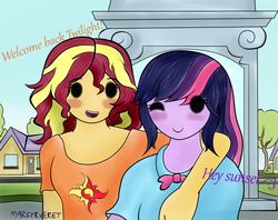 Size: 757x600 | Tagged: safe, artist:marcyeveret, sunset shimmer, twilight sparkle, equestria girls, equestria girls series, g4, alternate clothes, blush sticker, blushing, bowtie, cute, cutie mark on clothes, female, lesbian, one eye closed, shimmerbetes, ship:sunsetsparkle, shipping, side hug, smiling, twiabetes