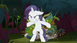 Size: 1280x720 | Tagged: safe, screencap, mean rarity, pony, unicorn, g4, the mean 6, clone, faic, female, greedity, hoard, leaf, mare, open mouth, rock, solo, stick