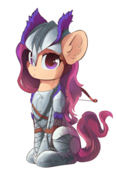 Size: 1150x1700 | Tagged: safe, artist:freeedon, oc, oc only, oc:lizy, pony, armor, arrow, bow (weapon), commission, female, helmet, looking at you, mare, simple background, sitting, solo, transparent background