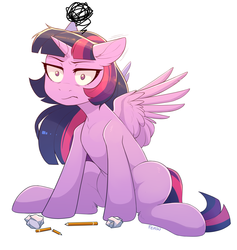 Size: 2848x3000 | Tagged: safe, artist:fensu-san, twilight sparkle, alicorn, pony, g4, :t, annoyed, female, high res, human shoulders, mare, paper, pencil, simple background, sitting, solo, twilight sparkle (alicorn), twilight sparkle is not amused, unamused, white background