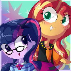 Size: 1500x1500 | Tagged: safe, artist:dddreamdraw, sci-twi, sunset shimmer, twilight sparkle, equestria girls, equestria girls series, g4, cute, cutie mark, cutie mark background, duo, female, glasses, happy, lesbian, shimmerbetes, ship:sci-twishimmer, ship:sunsetsparkle, shipping, smiling, twiabetes