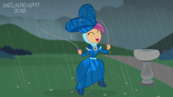 Size: 3999x2249 | Tagged: safe, artist:metalhead97, scootaloo, equestria girls, for whom the sweetie belle toils, g4, bird bath, boots, clothes, cloud, cloudy, costume, cute, cutealoo, dress, equestria girls interpretation, female, fountain, hat, high heel boots, high res, i can't believe it's not hasbro studios, jewelry, jump rope, laughing, necklace, outdoors, rain, rope, scene interpretation, shoes, show accurate, skipping, soaked, solo, wet, wet clothes, wet hair