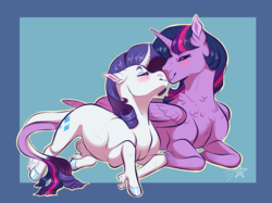 Size: 2732x2048 | Tagged: safe, artist:cosmiccorvid, rarity, twilight sparkle, alicorn, classical unicorn, pony, unicorn, g4, blue background, blushing, boop, colored hooves, curved horn, eyes closed, female, high res, horn, leonine tail, lesbian, mare, noseboop, ship:rarilight, shipping, simple background, twilight sparkle (alicorn), unshorn fetlocks