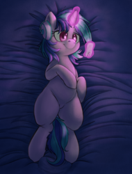 Size: 2167x2844 | Tagged: safe, artist:chromaskunk, artist:yoditax, dj pon-3, vinyl scratch, pony, unicorn, g4, bed, cellphone, featureless crotch, female, glowing horn, headphones, high res, horn, iphone, lying, magic, mare, phone, pleased, smartphone, smiling, solo, telekinesis