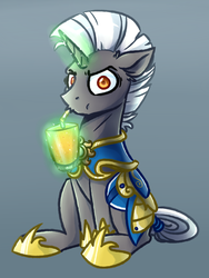 Size: 3000x4000 | Tagged: safe, artist:witchtaunter, oc, oc only, oc:scope, pony, unicorn, armor, clothes, drinking, glare, glass, glowing horn, horn, looking at you, magic, male, royal guard, shoes, sitting, solo, stallion, telekinesis