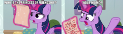 Size: 1600x450 | Tagged: safe, edit, edited screencap, screencap, twilight sparkle, alicorn, pony, g4, marks for effort, angry, female, glowing horn, horn, image macro, magic, mare, meh, meme, paper, picture, pillow, raised hoof, reading, solo, telekinesis, test, twilight sparkle (alicorn), your mom