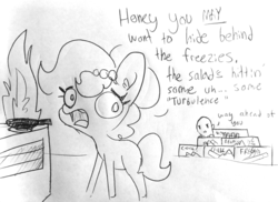 Size: 1860x1351 | Tagged: safe, artist:tjpones, oc, oc:brownie bun, oc:richard, earth pony, human, pony, horse wife, dialogue, duo, female, fire, food on fire, grayscale, human male, husband and wife, imminent explosion, lineart, male, mare, monochrome, stove, this ended in fire, traditional art