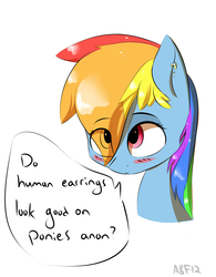 Size: 1224x1569 | Tagged: safe, artist:a8f12, rainbow dash, pegasus, pony, g4, blushing, bust, cute, dashabetes, dialogue, ear piercing, earring, eye clipping through hair, female, implied anon, jewelry, mare, offscreen character, piercing, portrait, solo, speech bubble