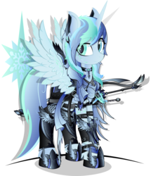 Size: 1600x1862 | Tagged: safe, alternate version, artist:aleriastarlight, oc, oc only, oc:caeleste aurorae frostfall, alicorn, pony, alicorn oc, armor, badass, boots, clothes, collar, cutie mark background, digital art, dungeons and dragons, epic, fantasy class, female, jewelry, leg strap, leggings, looking sideways, magic, mare, necklace, scarf, shoes, simple background, solo, style emulation, telekinesis, transparent background, vector, warrior, weapon, wingding eyes