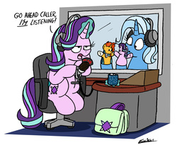Size: 1962x1607 | Tagged: safe, artist:bobthedalek, starlight glimmer, sunburst, trixie, pony, unicorn, g4, chair, chocolate, duo, duo female, female, food, fraiser crane, frasier, glowing horn, hand puppet, headphones, horn, hot chocolate, implied starburst, inconvenient trixie, mare, microphone, mug, saddle bag, shipper on deck, simple background, sock puppet, starlight glimmer is not amused, the great and powerful shipper, unamused, white background