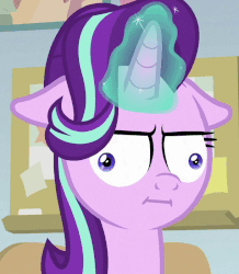 Size: 611x702 | Tagged: safe, edit, edited screencap, screencap, starlight glimmer, pony, unicorn, g4, marks for effort, :i, animated, bust, cropped, derp, female, floppy ears, gif, glare, glowing horn, horn, i mean i see, lidded eyes, mare, meme, solo, vibrating, wat, wide eyes